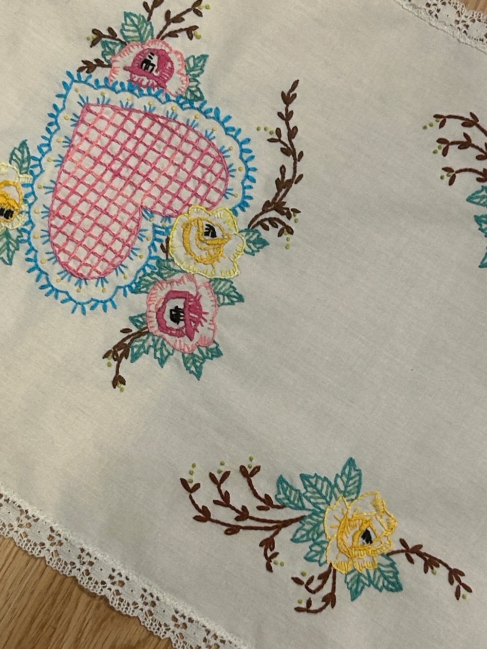Embroidered Vintage-Style Table Runners - Floral & Pink Trim Qty 2 - Picture 13 of 14